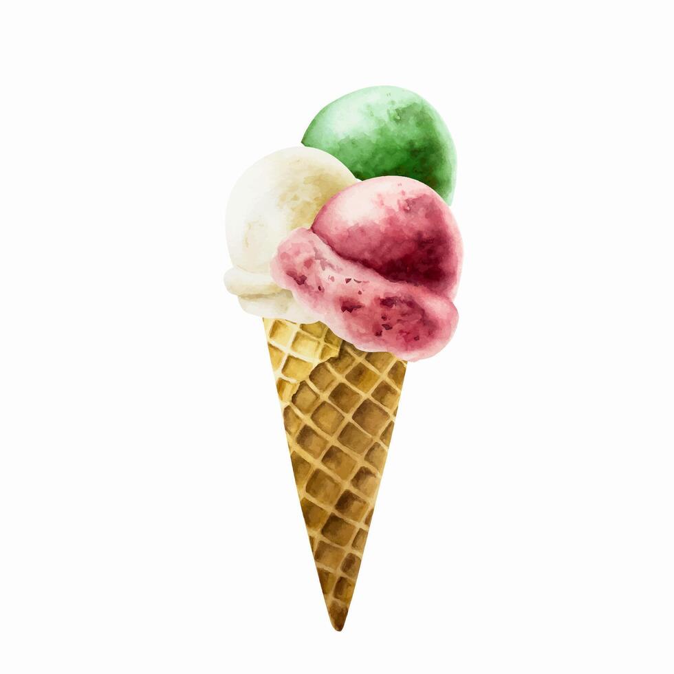 Scoop of vanilla, pistachio, mint, apple, strawberry, cherry, raspberry ice cream in crispy waffle cone. Hand painting sweet watercolor illustration isolated on background. For designers, me vector