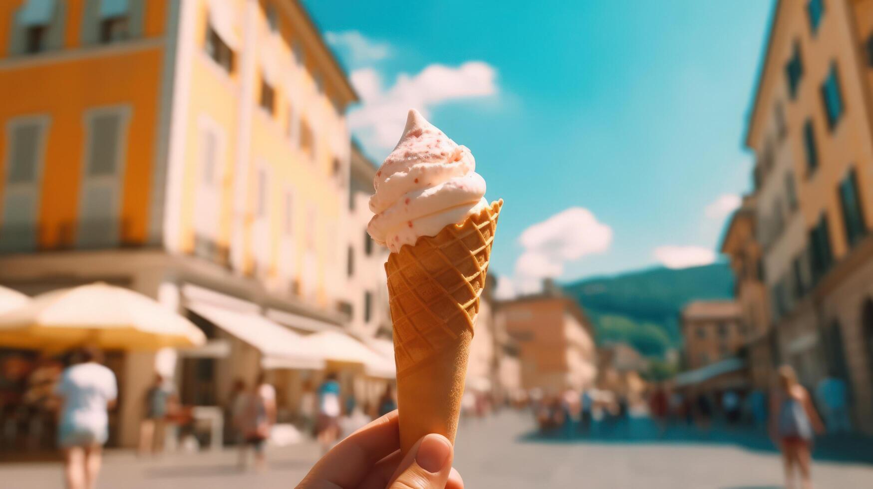 hand holding a creamy ice cream cone on a sunny day. The delicious gelato in a waffle cone contrasts with the vibrant city street and blurred background, capturing perfect summer moment of indulgence photo