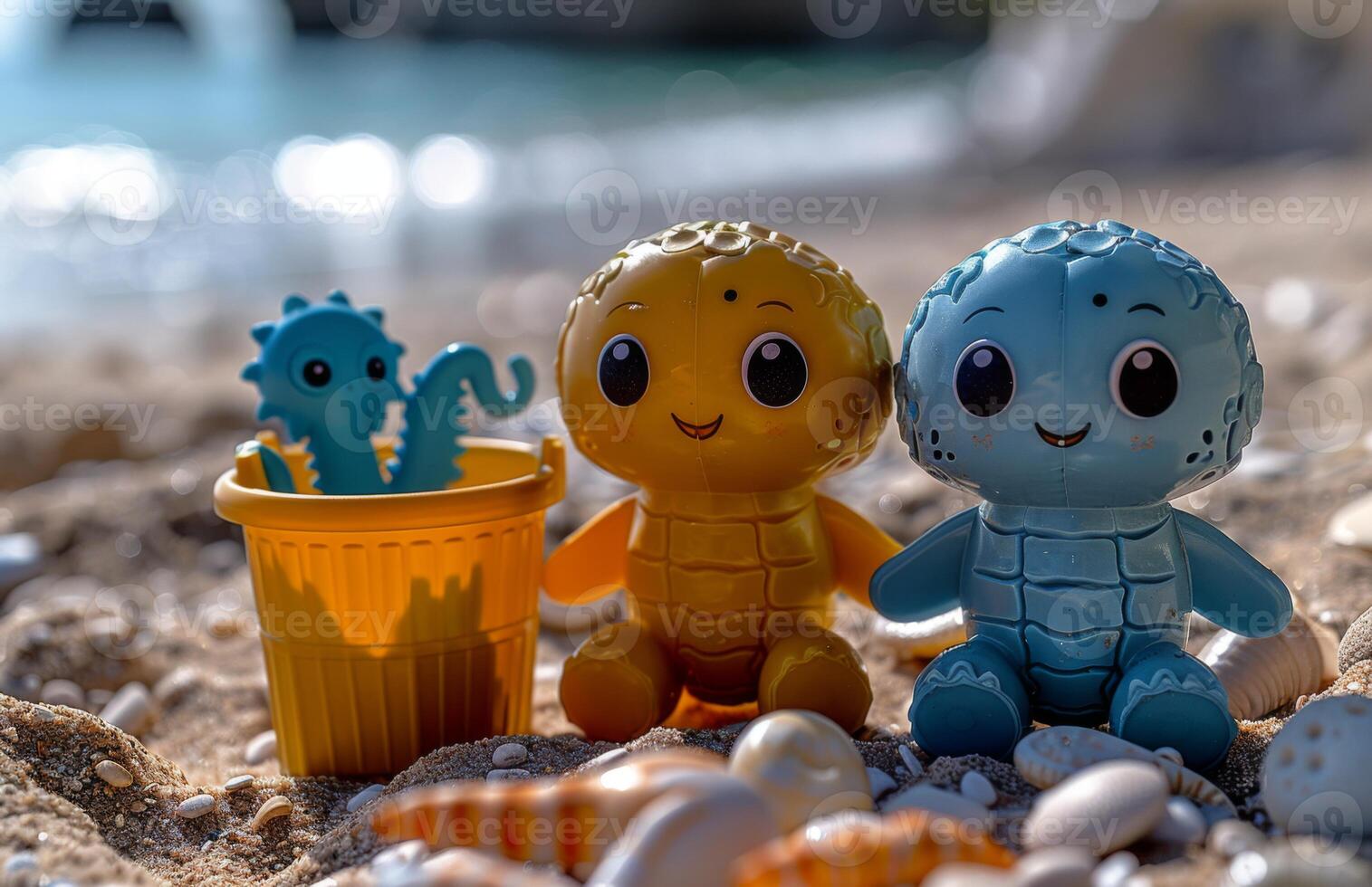 Colorful beach toys including a yellow turtle and blue turtle on sand with shells and a bucket. photo