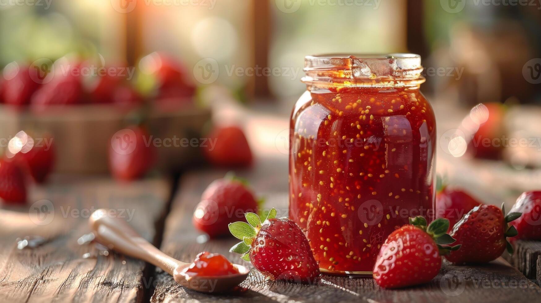 Jar of fresh strawberry jam with ripe strawberries on a rustic wooden table in the sunlight. photo
