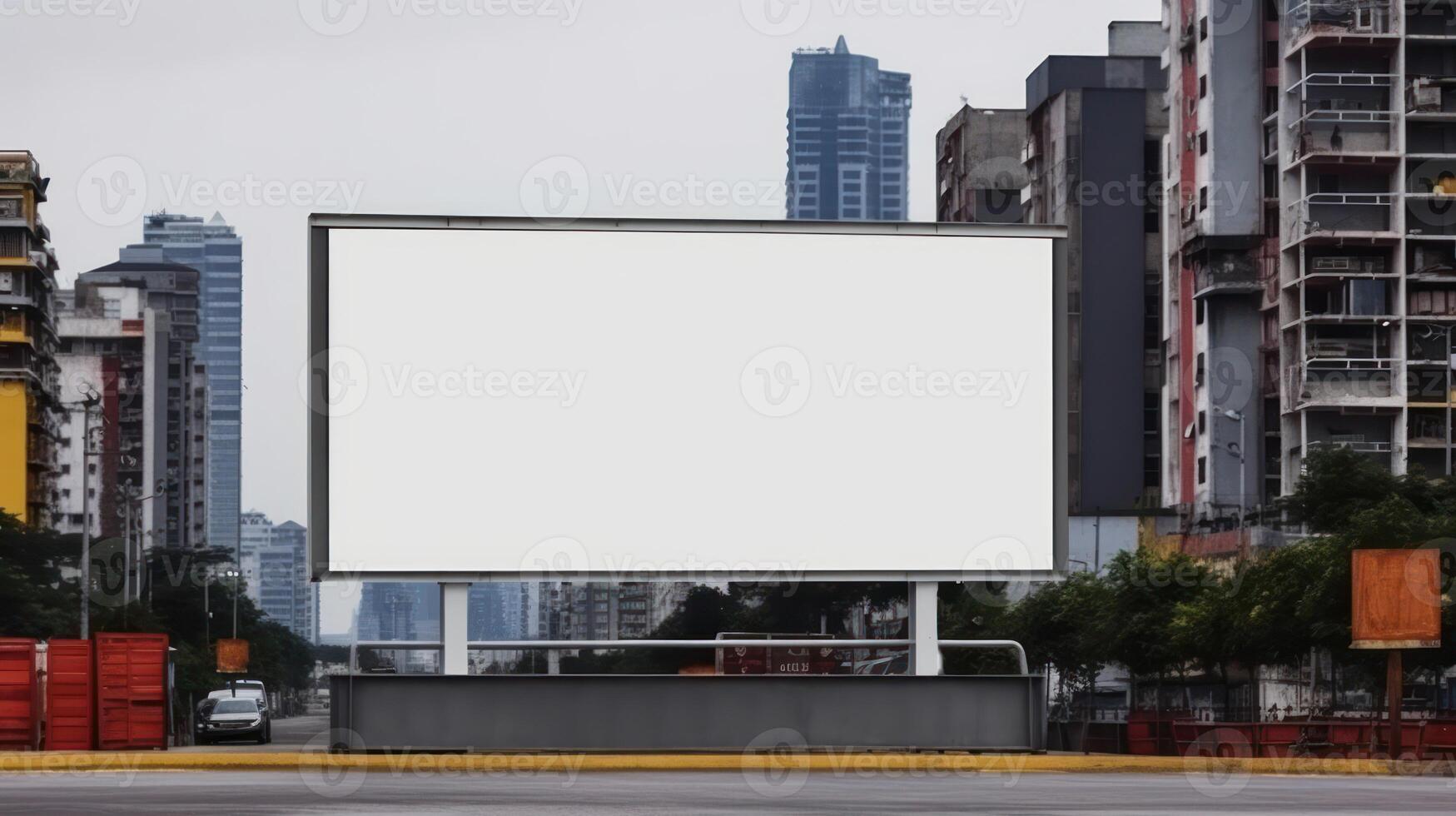 A blank white outdoor billboard mockup in an urban setting with high-rise buildings in the background. Ideal for advertising, marketing, and promotional designs, offering a large, empty space for you photo