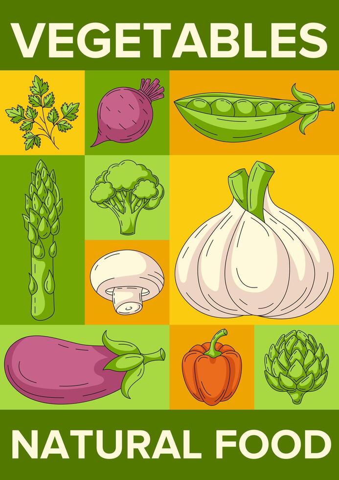 Fresh and healthy farm vegetables, natural food. Geometric modern vertical poster a4, eco veggies icons. Minimal abstract layout for banner, menu, flyer, cover, farmers market, brochure vector