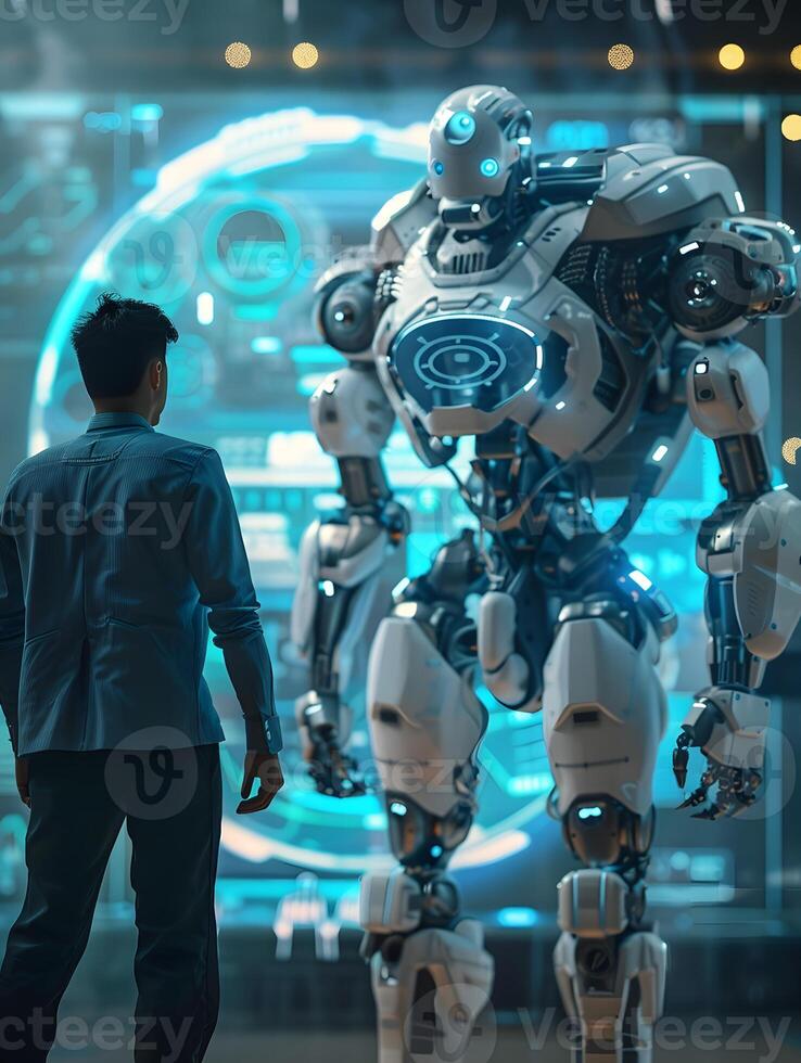 A man stands in front of a robot that is displayed on a screen photo