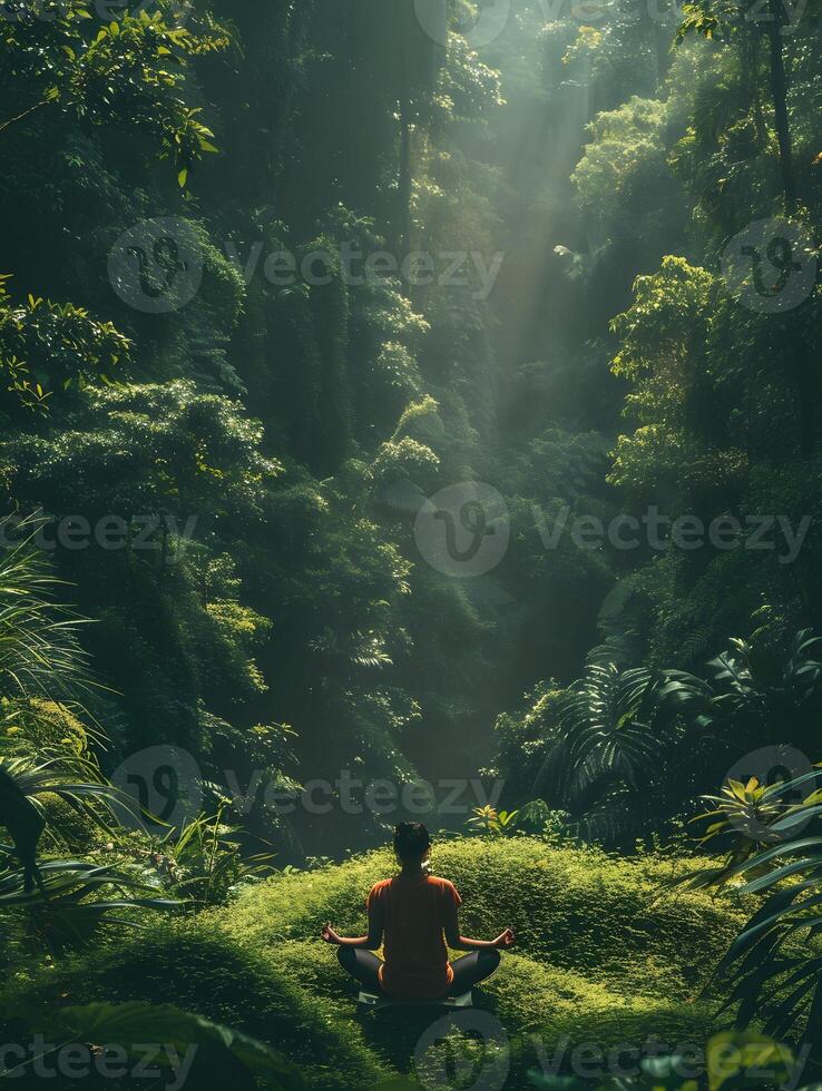 A person is sitting in a lush green forest, surrounded by trees and plants photo