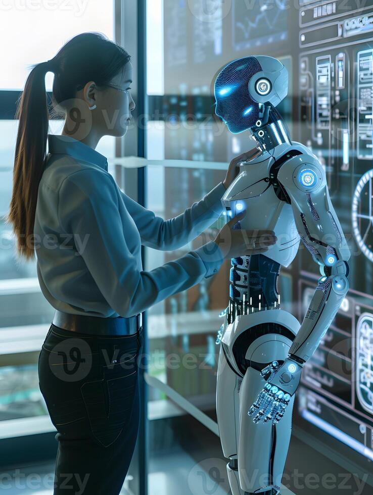 A woman is touching a robot photo