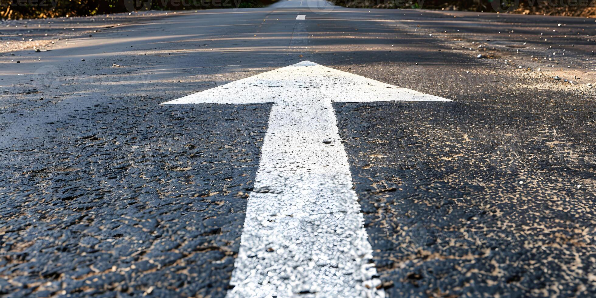 An asphalt road stretches into the distance with a painted white arrow pointing forward, symbolizing motivation, progress photo