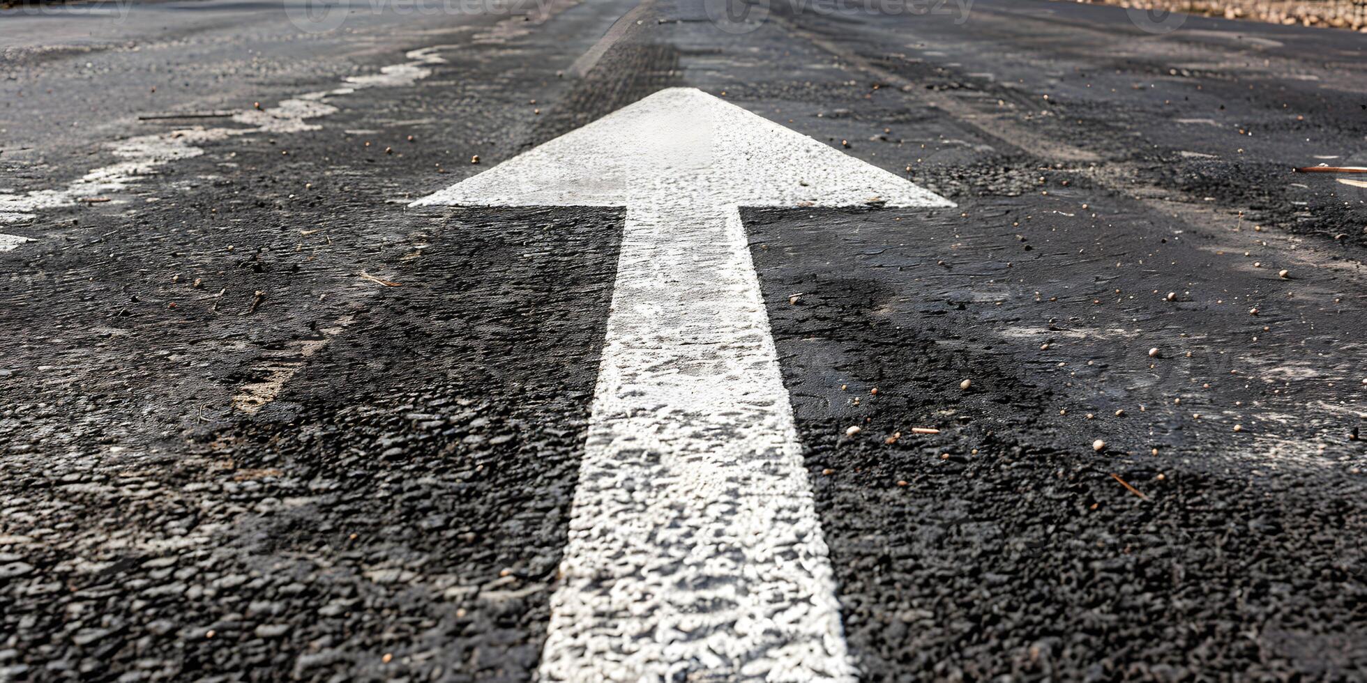 An asphalt road stretches into the distance with a painted white arrow pointing forward, symbolizing motivation, progress photo