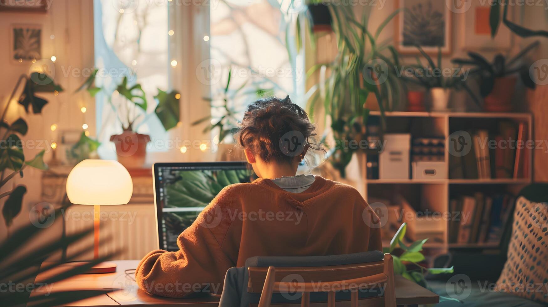 A woman is sitting at a desk with a laptop in front of her photo