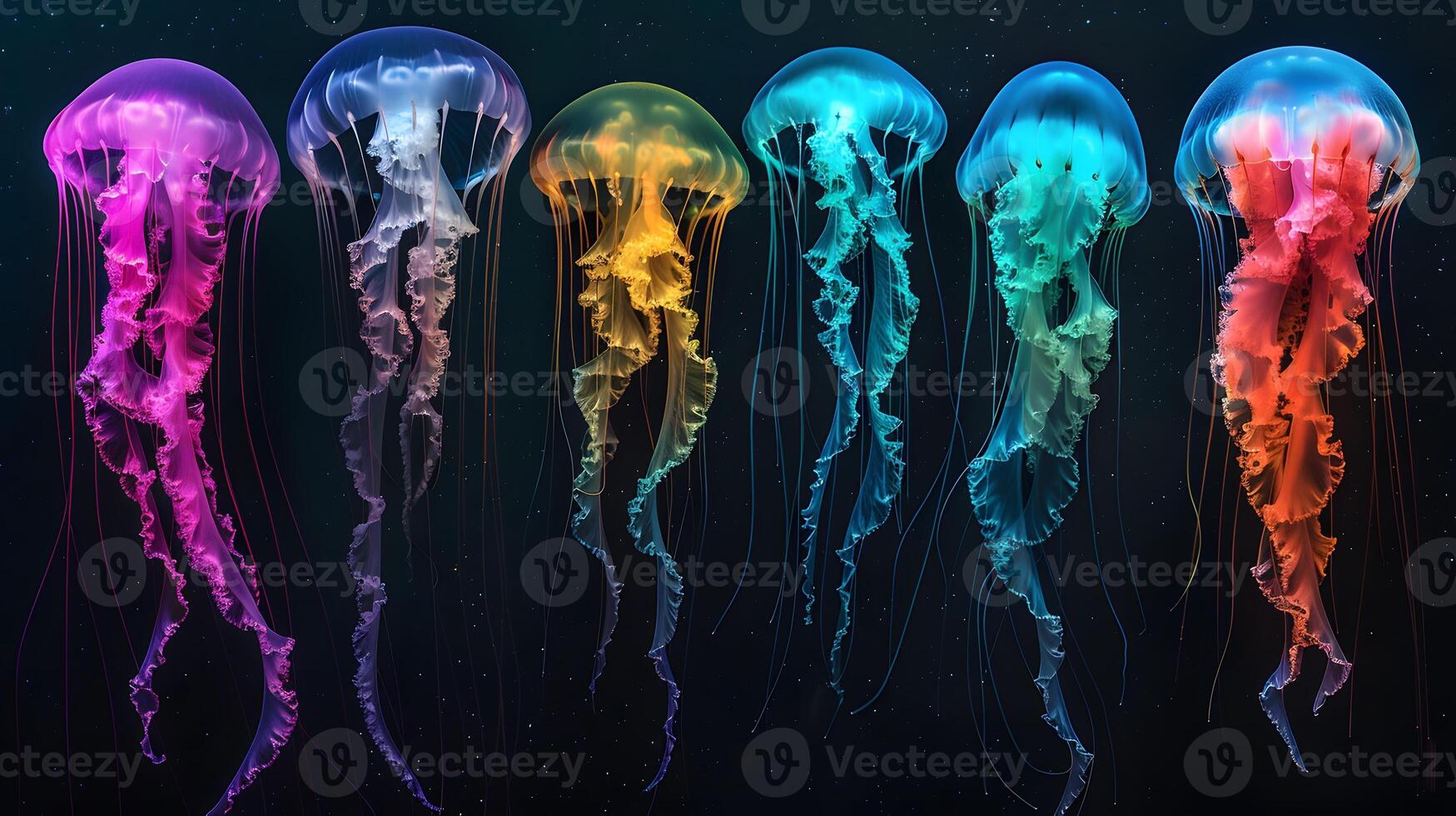 A series of colorful jellyfish are shown in a black background photo