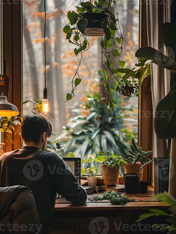 A man is sitting at a desk with a laptop photo