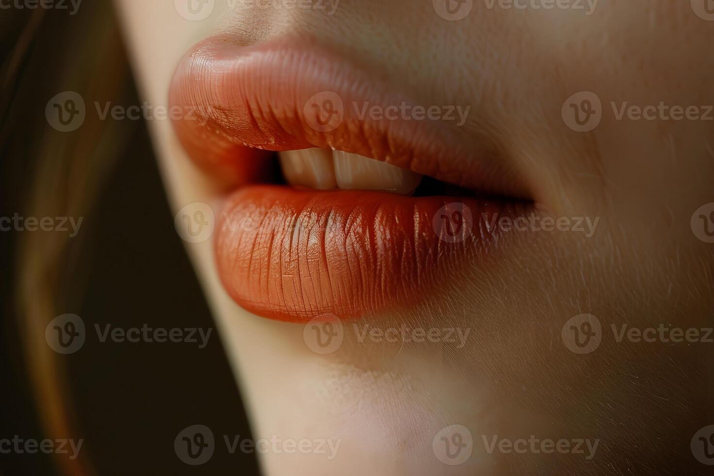 Detailed image of lips with autumn leaf photo