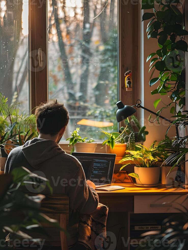 A man is sitting at a desk with a laptop in front of him photo