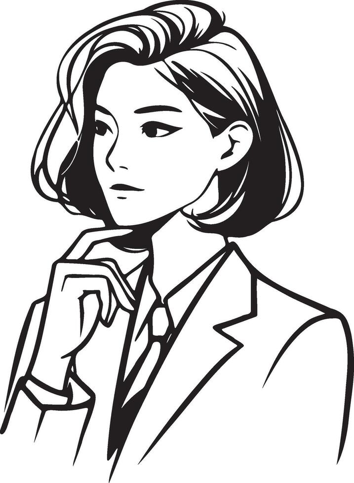 Woman Face Thinking Line Art. vector