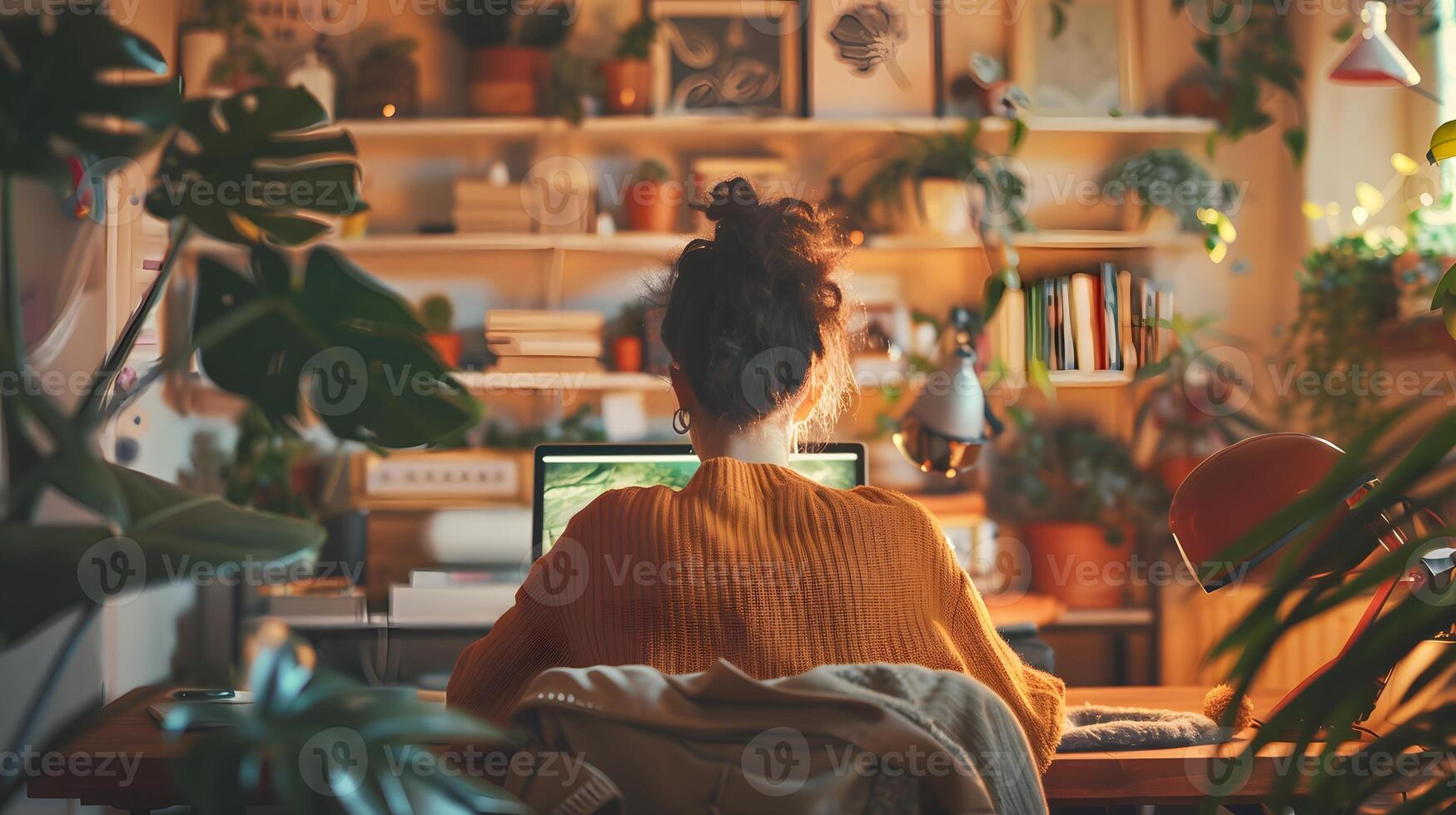 A woman is sitting at a desk with a laptop in front of he photo
