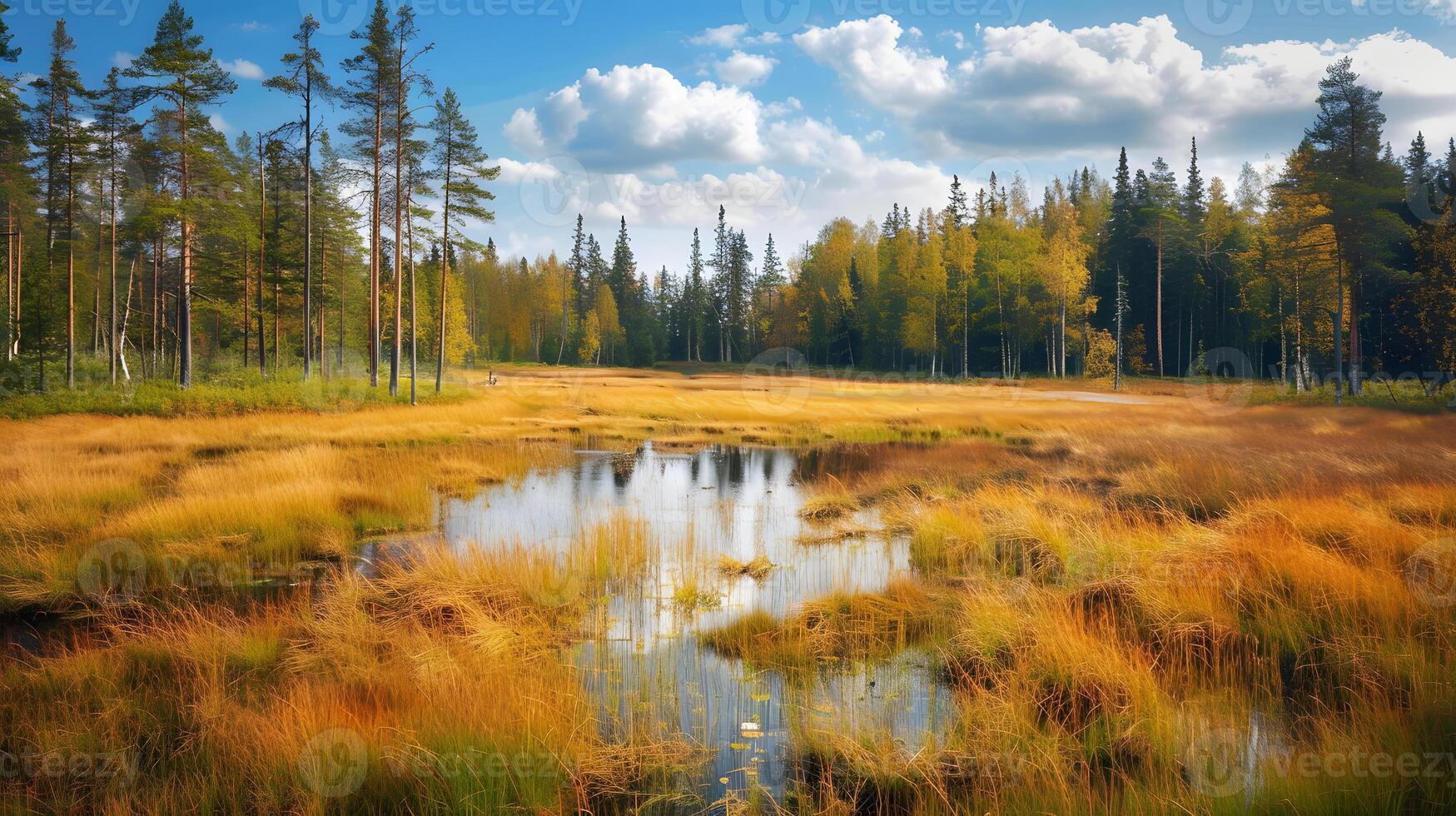 A field of tall grass with a small pond in the middle photo