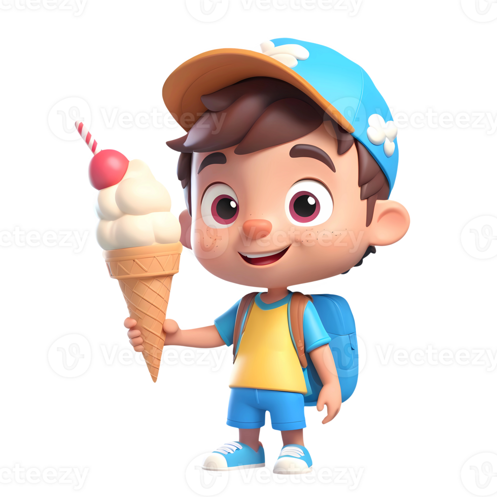 3d rendering little boy cartoon character holding ice cream cone png