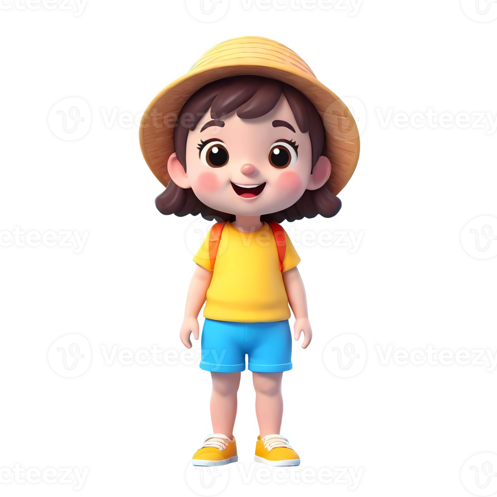 3d rendering little girl cartoon character wearing sun hat png