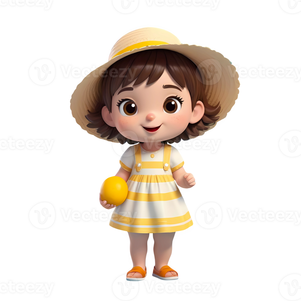 3d rendering little girl cartoon character wearing sun hat png