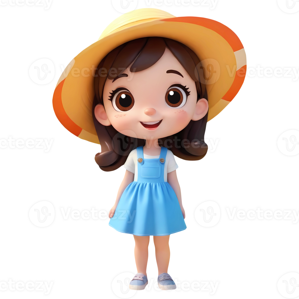 3d rendering little girl cartoon character wearing sun hat png