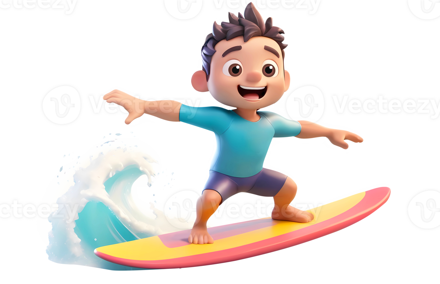 3d rendering surfer boy riding on surfboard on sea wave png