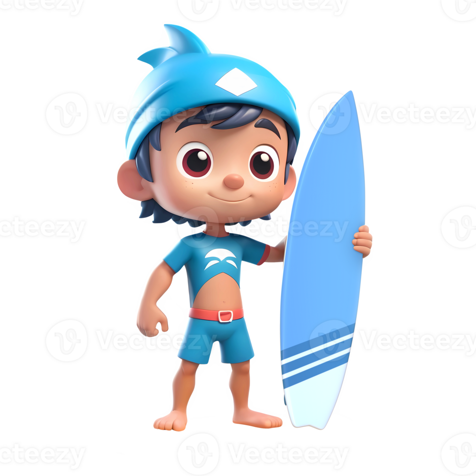 3d rendering surfer boy cartoon character holding surfboard png