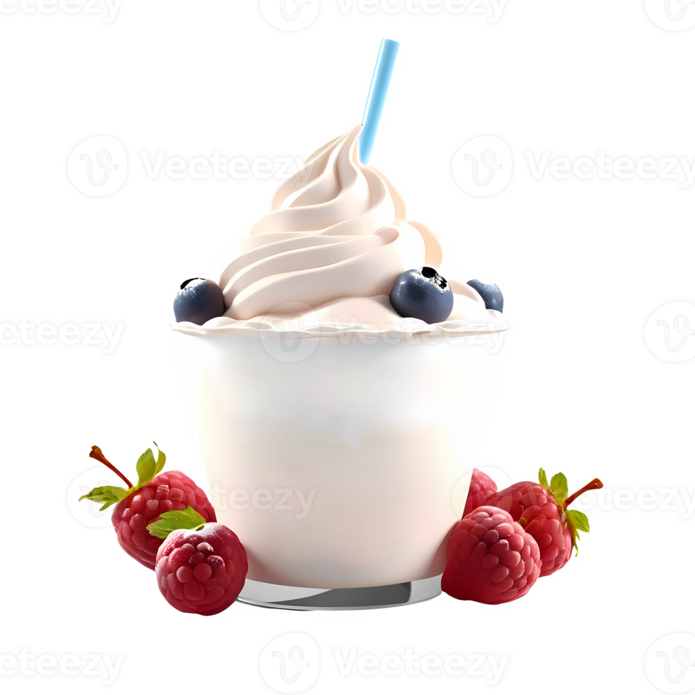 3d rendering yogurt in a glass bowl with blueberries and raspberries png