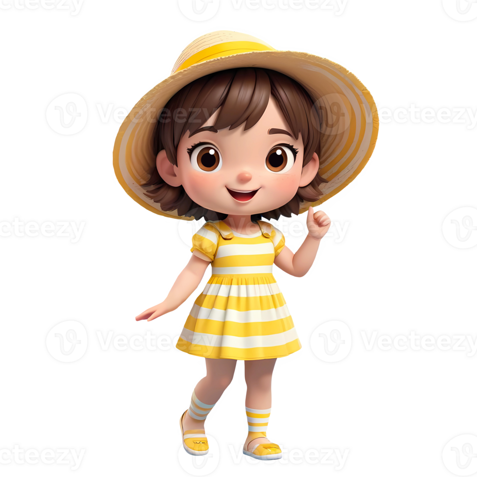 3d rendering little girl cartoon character wearing sun hat png