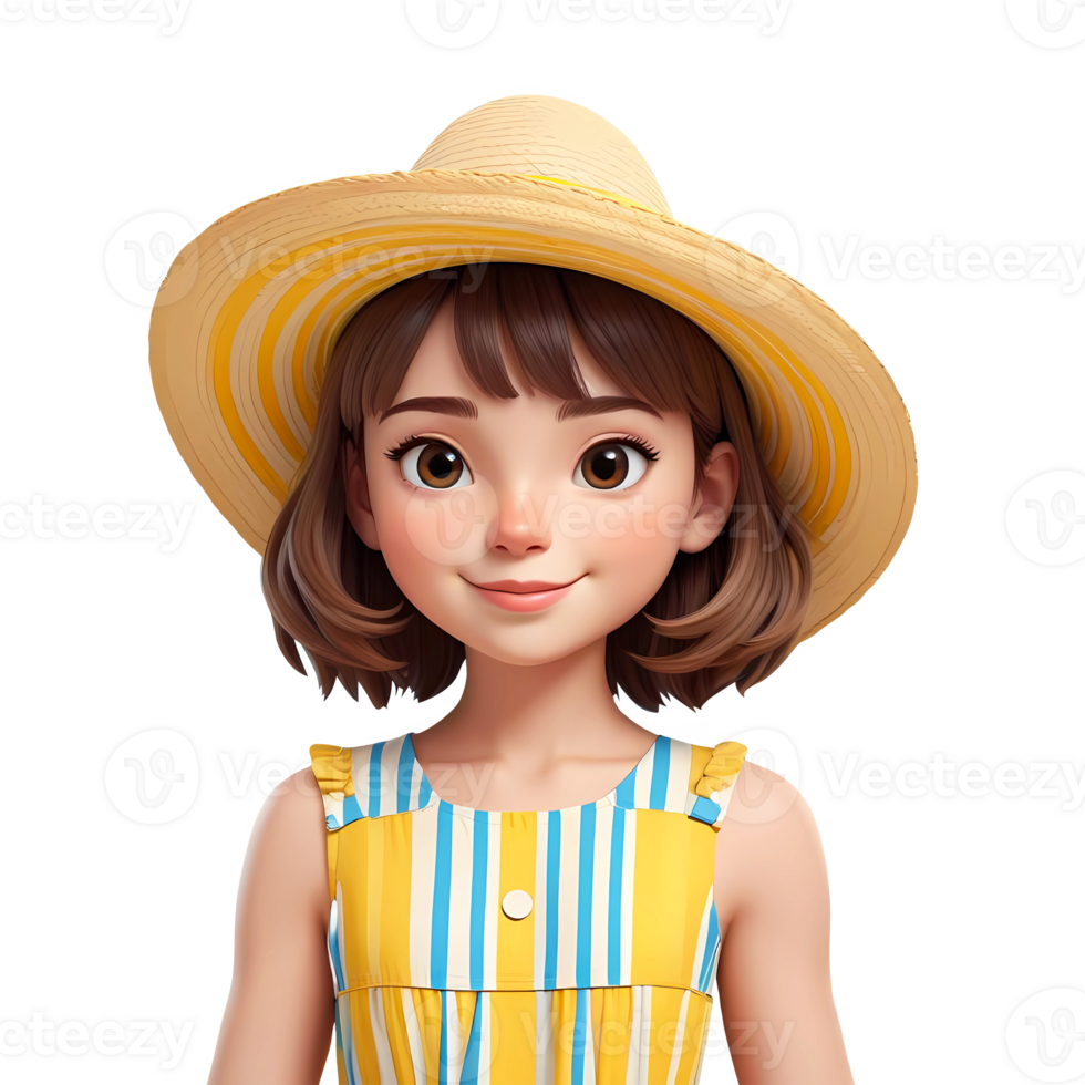 3d rendering little girl cartoon character wearing sun hat png