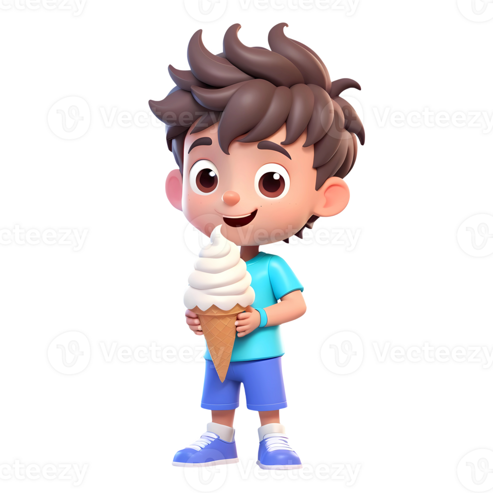 3d rendering little boy cartoon character holding ice cream cone png