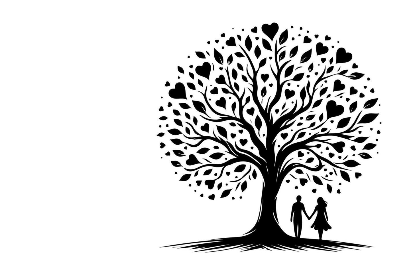 Black love tree with heart leaves. hand draw Valentine tree silhouette clip art isolated on white background, illustration vector