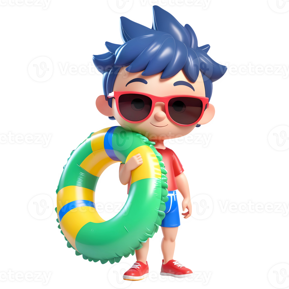 3d rendering little boy cartoon character holding inflatable swim ring png