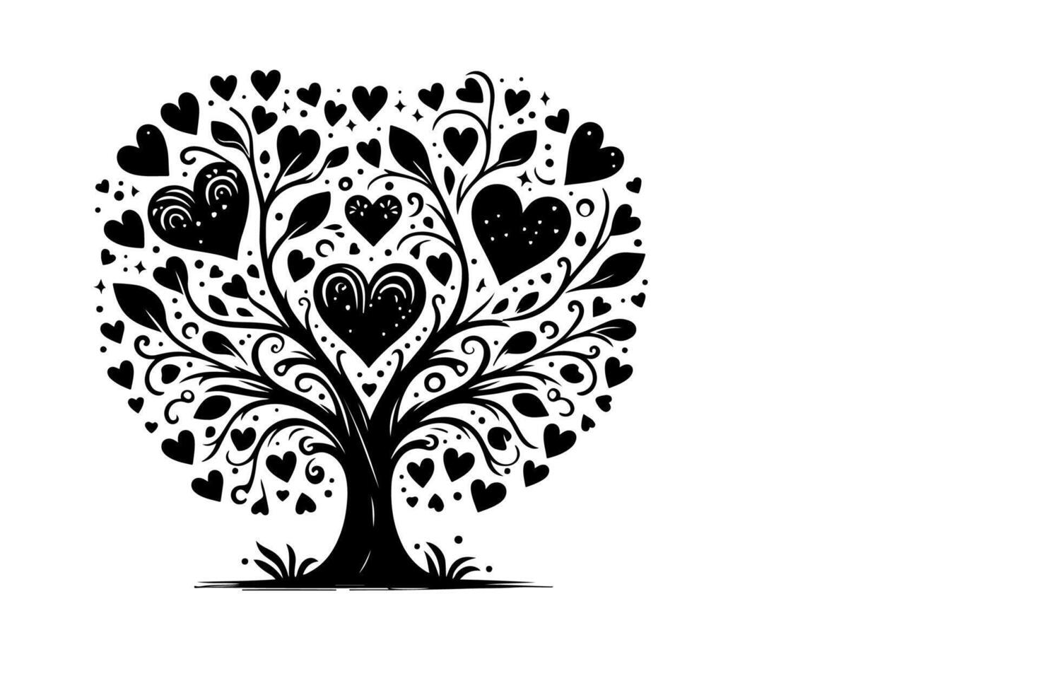 Black love tree with heart leaves. hand draw Valentine tree silhouette clip art isolated on white background, illustration vector