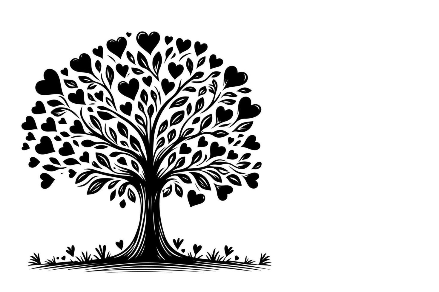 Black love tree with heart leaves. hand draw Valentine tree silhouette clip art isolated on white background, illustration vector