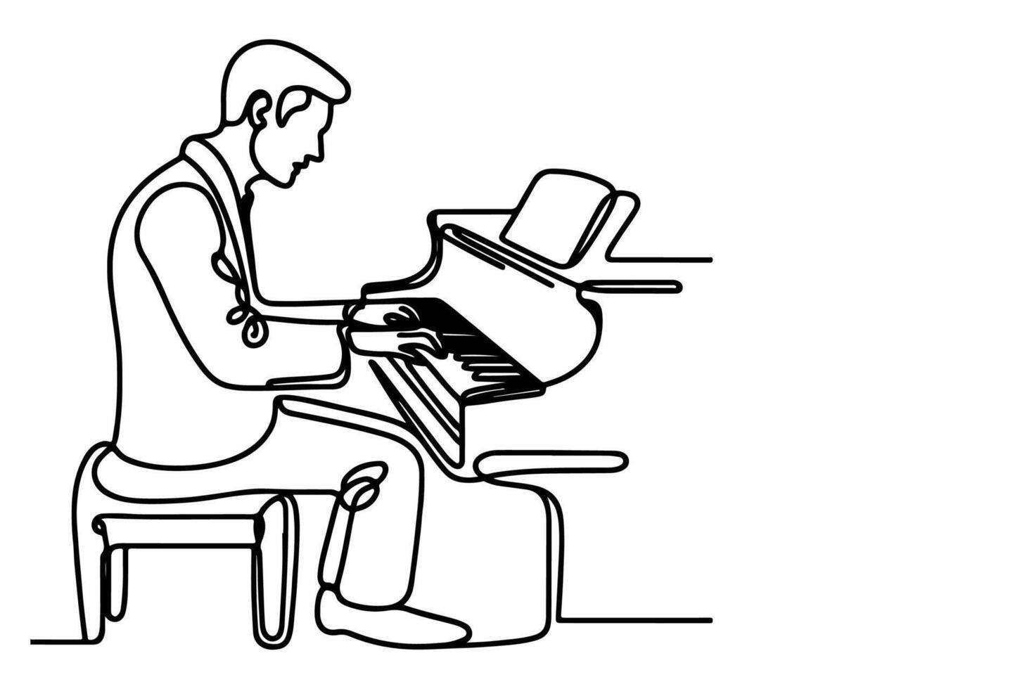continuous one line drawing man playing a grand piano outline, sketch artist sitting and using piano to learn it on white background vector