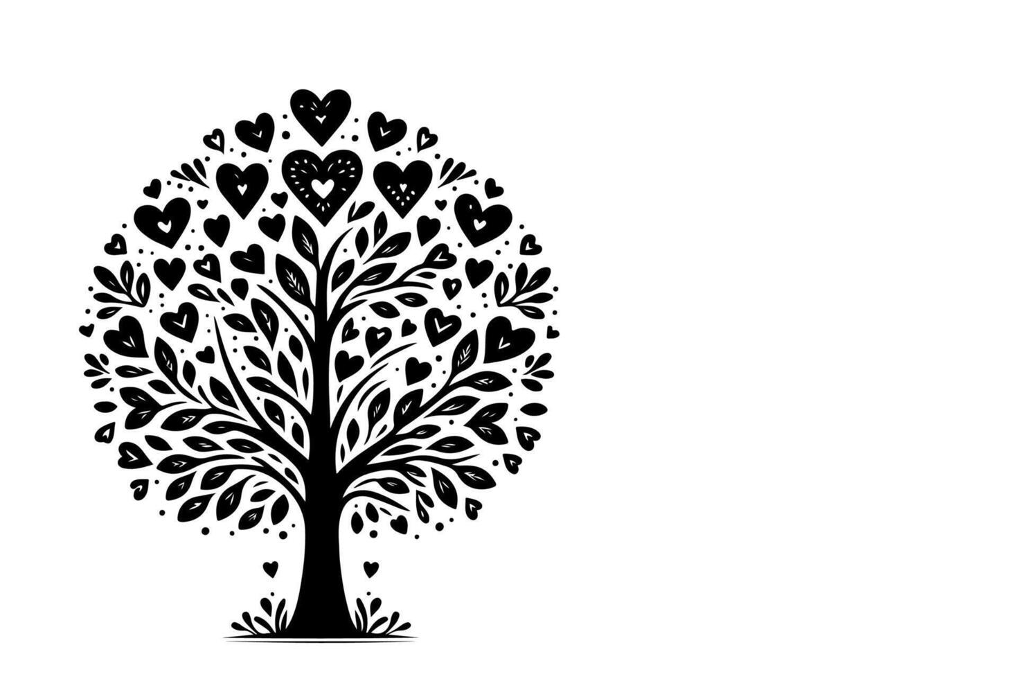 Black love tree with heart leaves. hand draw Valentine tree silhouette clip art isolated on white background, illustration vector