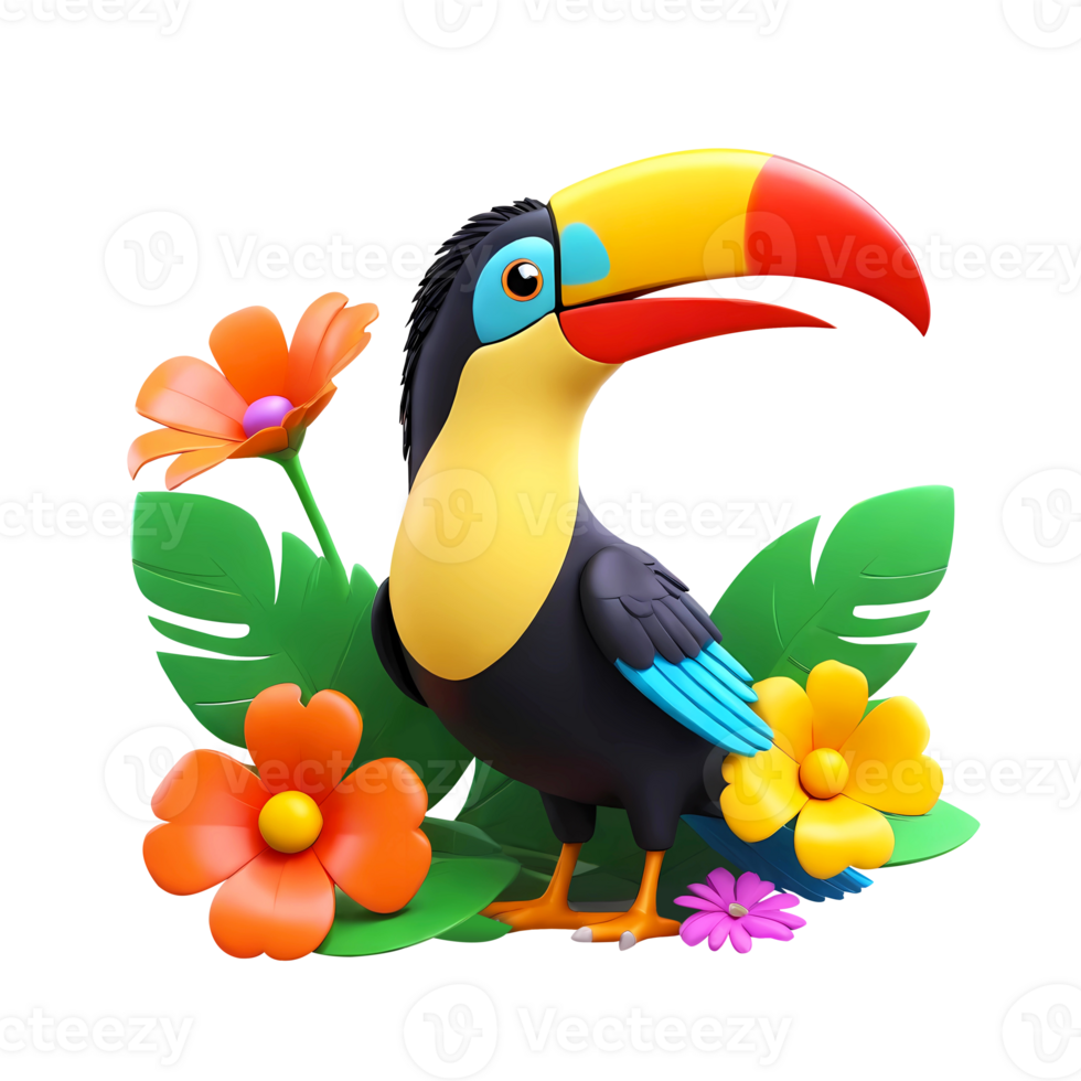 3d rendering toucan bird cartoon character with tropical flowers png