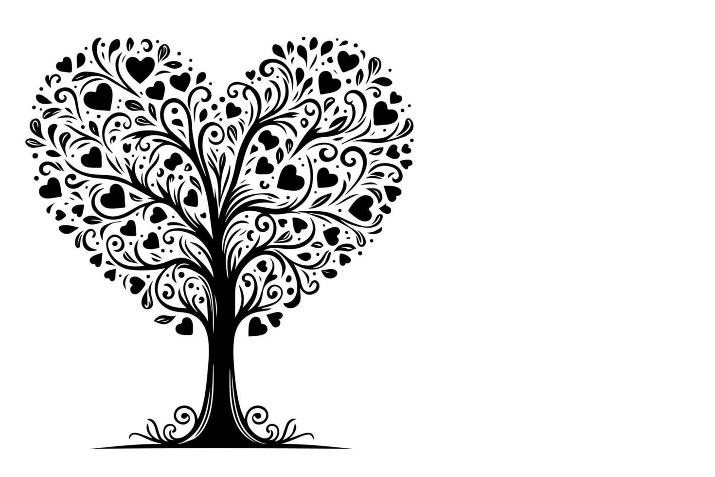 Black love tree with heart leaves. hand draw Valentine tree silhouette clip art isolated on white background, illustration vector