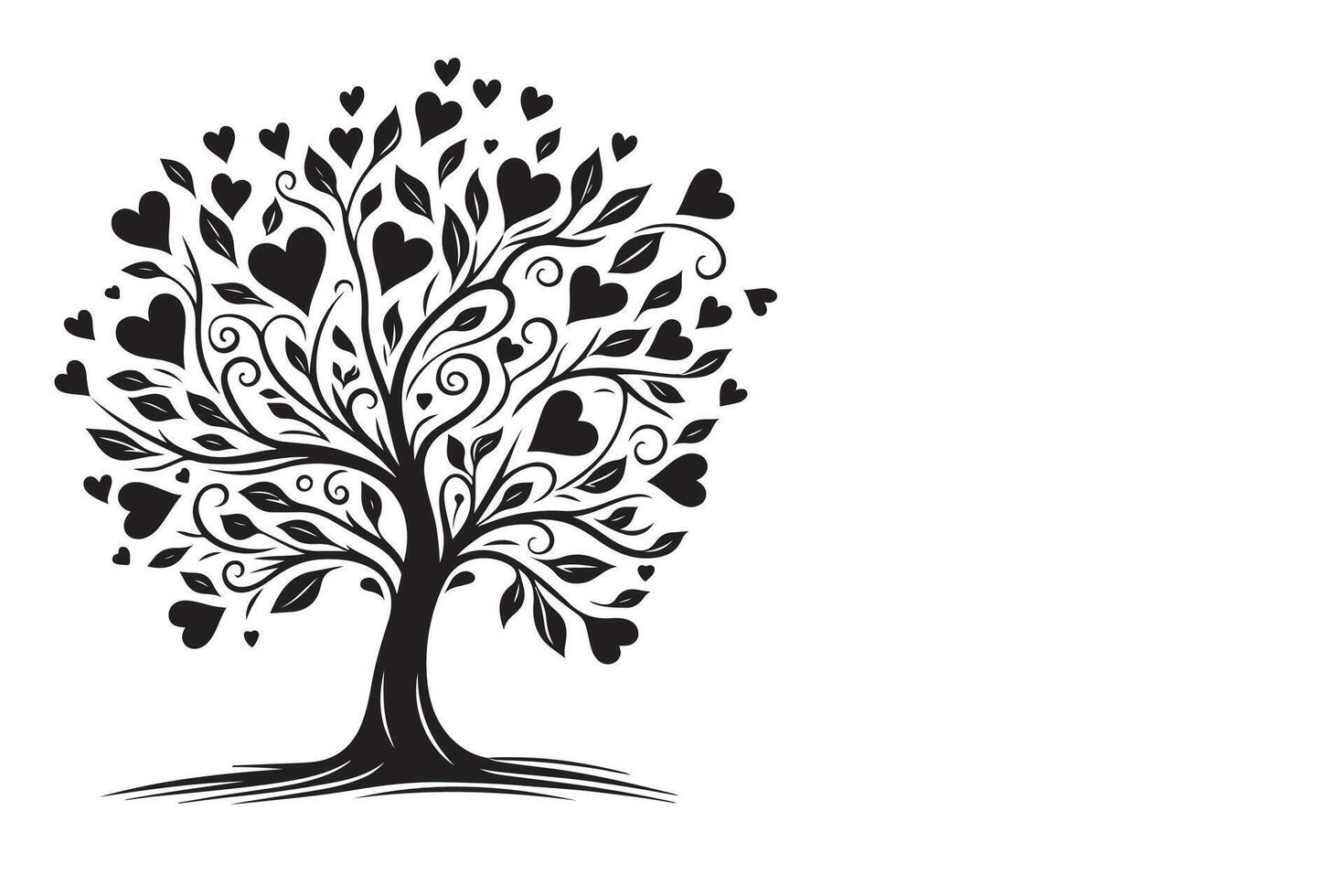 Black love tree with heart leaves. hand draw Valentine tree silhouette clip art isolated on white background, illustration vector