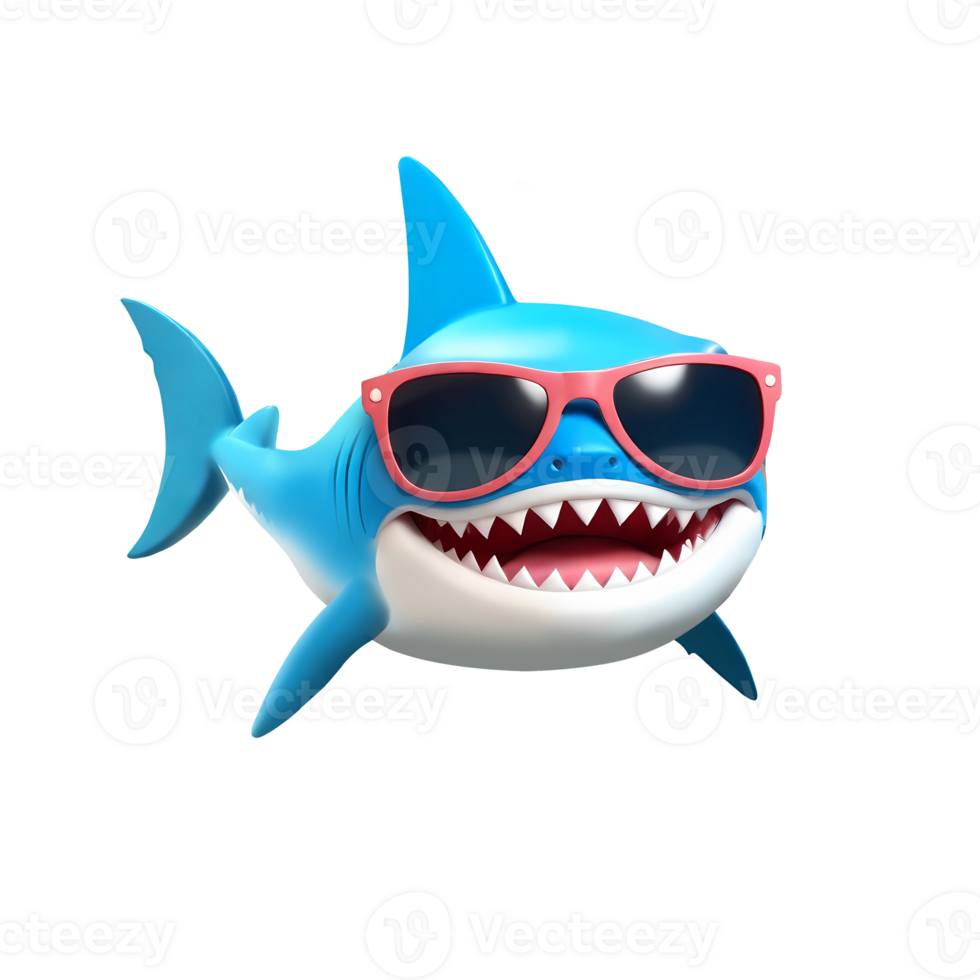 3d rendering shark cartoon character wearing sunglasses png