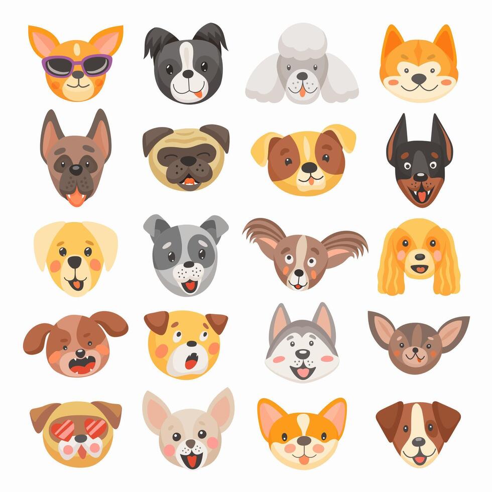 Cute dog and puppy faces, cartoon pet animals vector