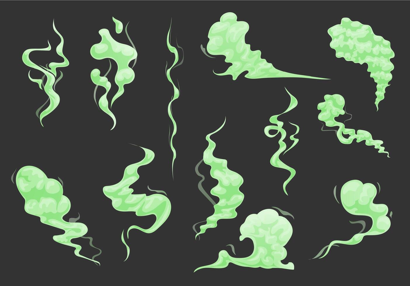 Cartoon bad green smell clouds, smoke or steam set vector
