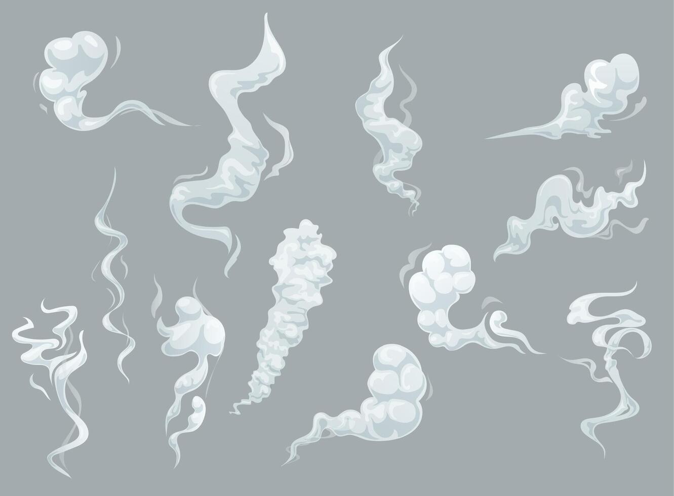 Cartoon smoke and fog clouds white steaming vapour vector