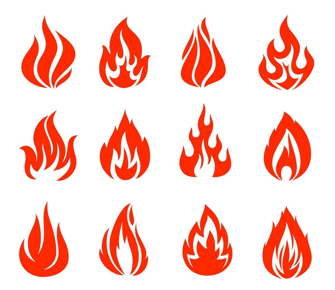 Fire, campfire or torch flame icons set vector