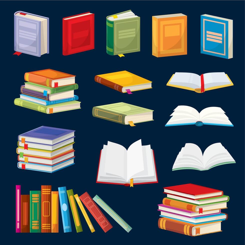 Cartoon books, bestsellers, school textbooks set vector