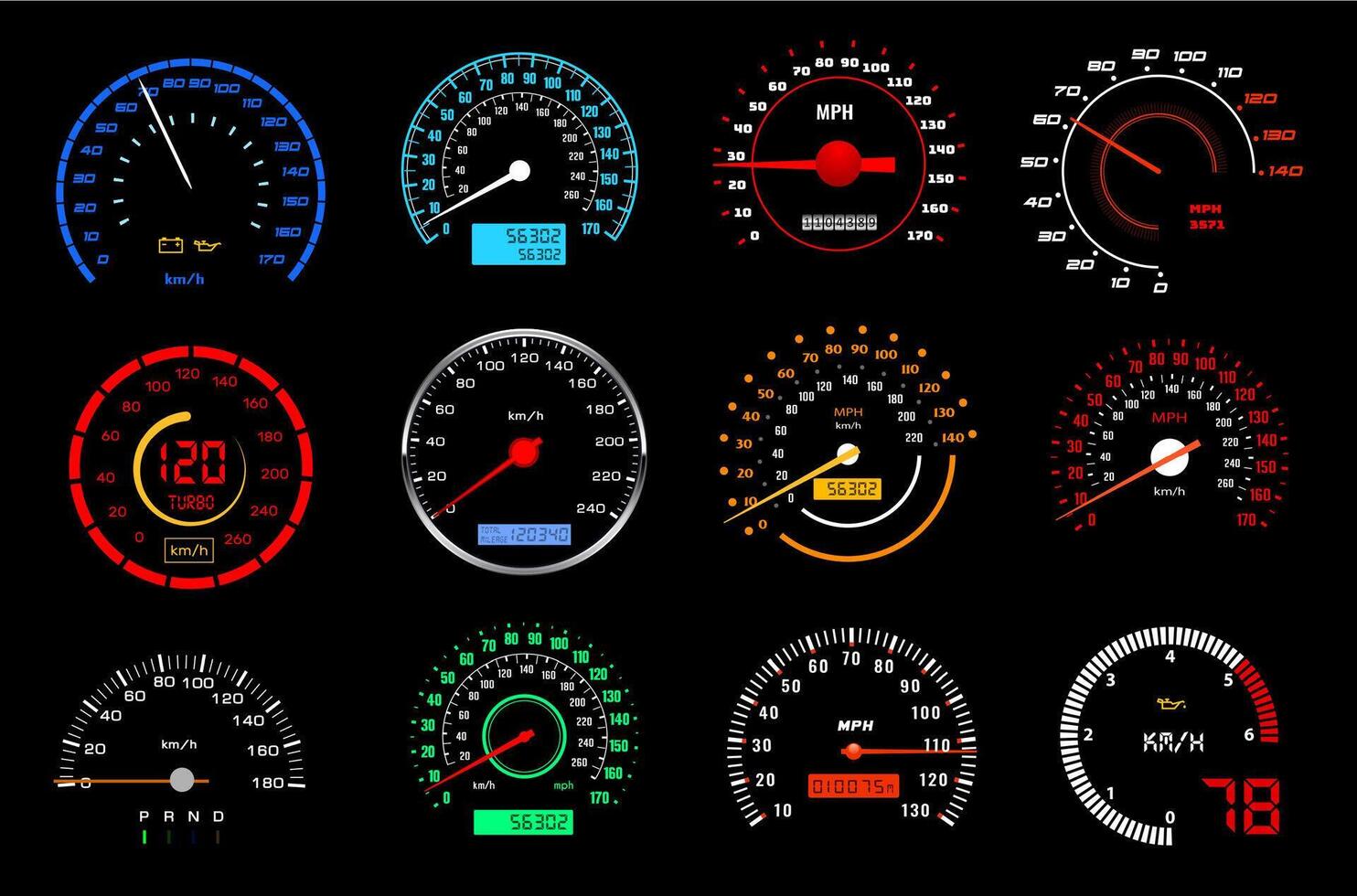 Car dashboard speedometer dial icons vector