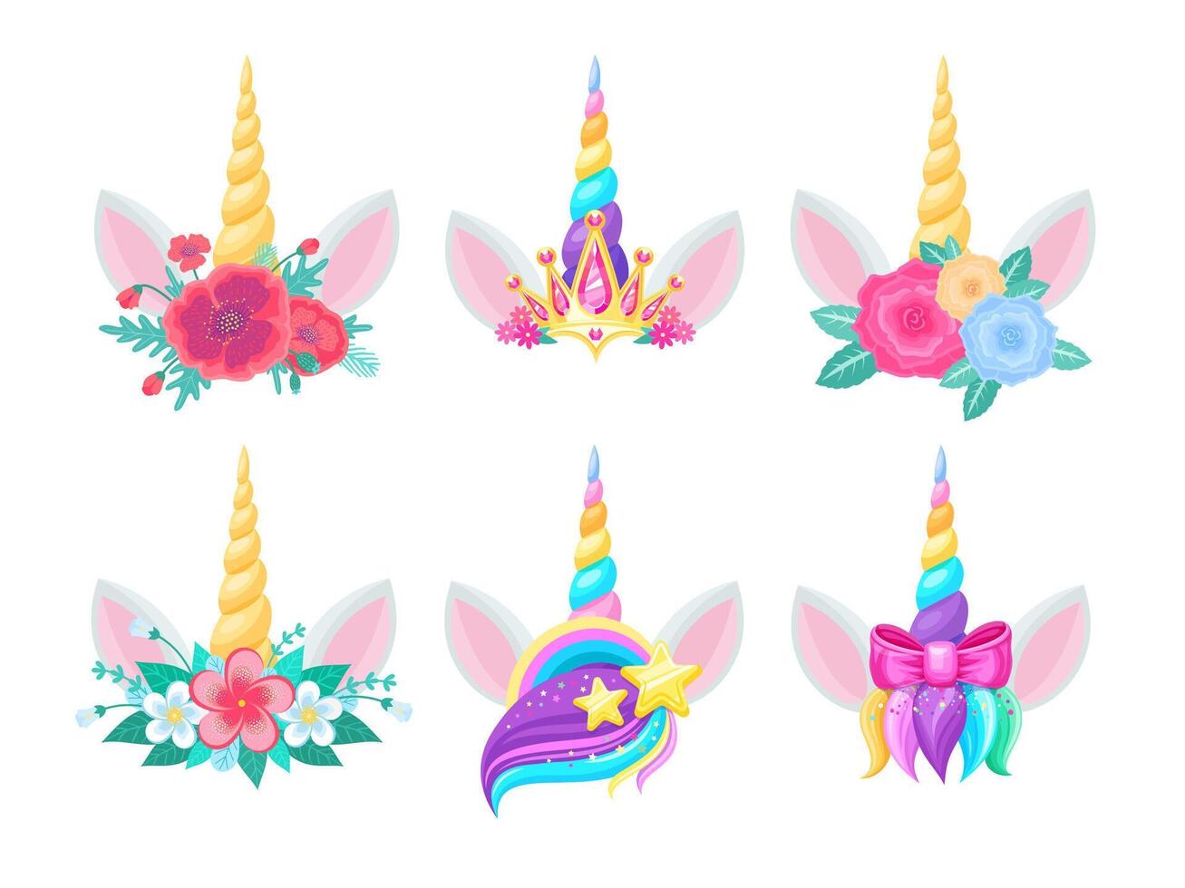 Unicorn heads with horns, flowers and ears, vector
