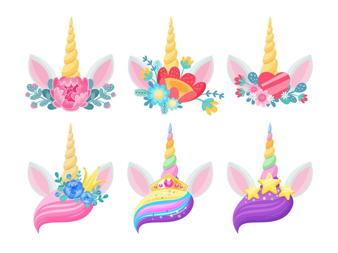 Unicorn horns, ears and flowers, isolated vector