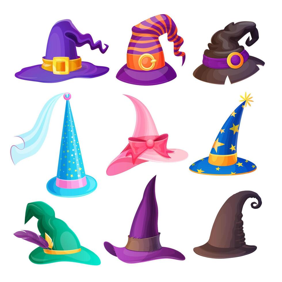 Halloween hats, cartoon witch and wizard caps vector