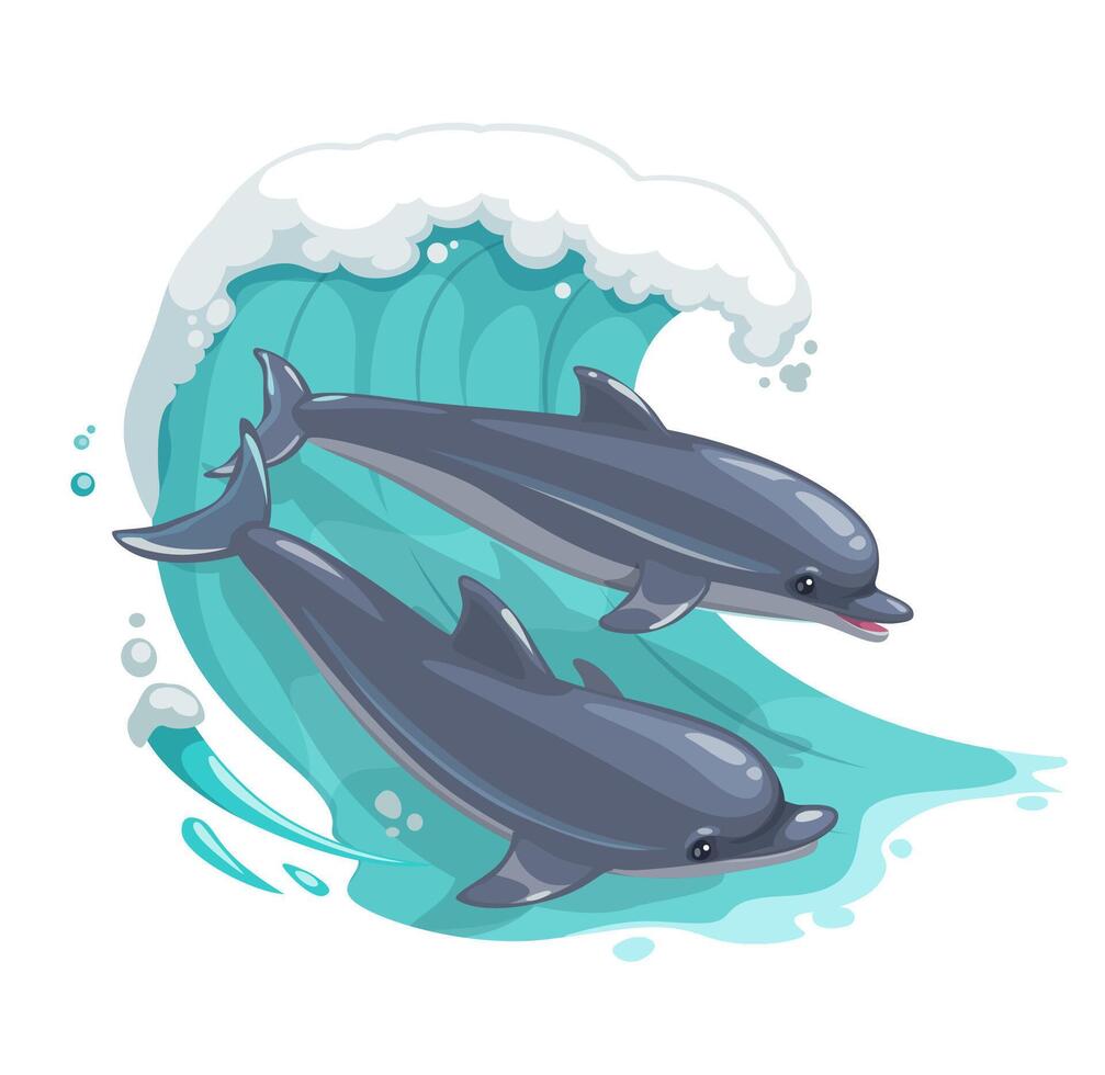 Cartoon dolphins in sea, ocean creatures vector