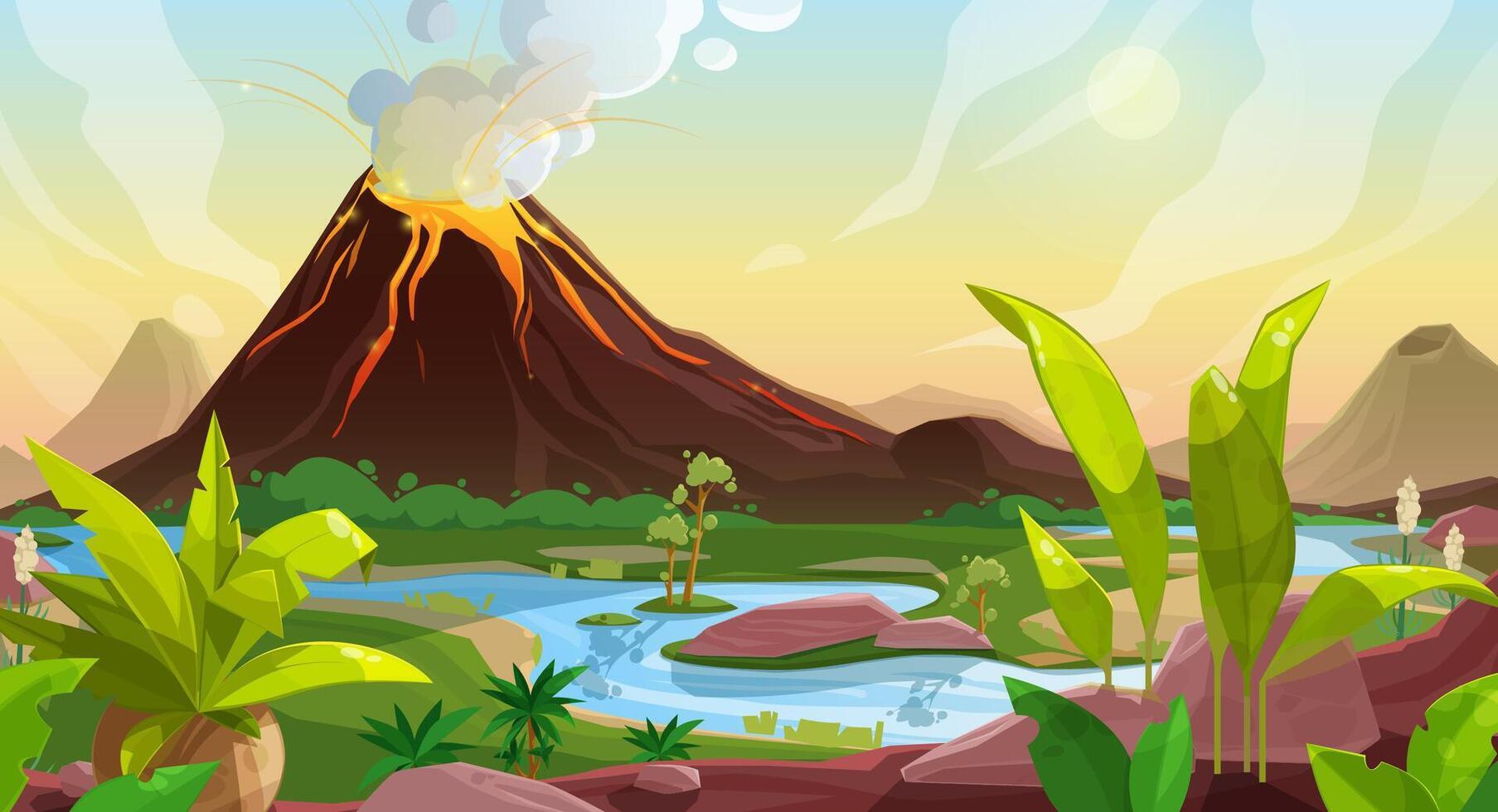Volcano eruption cartoon background vector